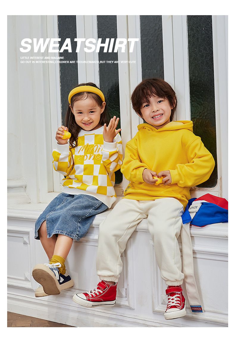 Minizone - 格紋圓領長袖上衣-英文字母-黃+白