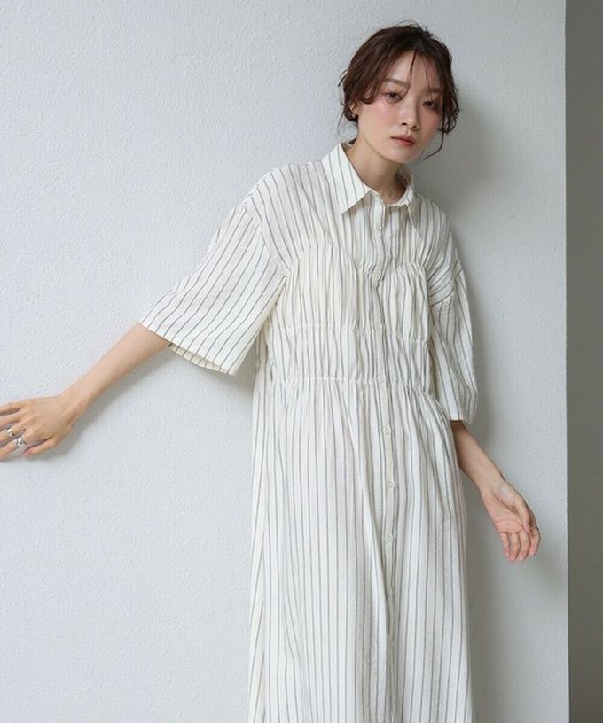 日本 Bab - 時尚抓皺襯衫式五分袖洋裝-條紋-象牙