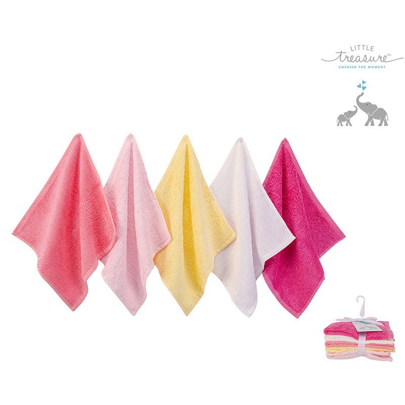 美國 Luvable Friends - 多功能嬰幼兒天然竹纖維小方巾/洗澡巾/擦嘴巾5入組(25*25cm)-黃粉白