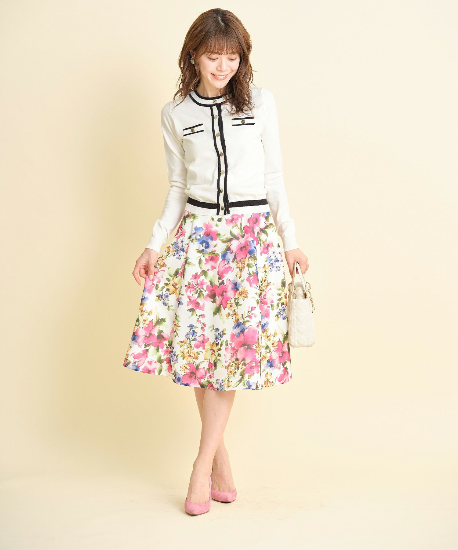 日本 tocco-closet - 水彩花朵華麗感修身傘裙-藍色系