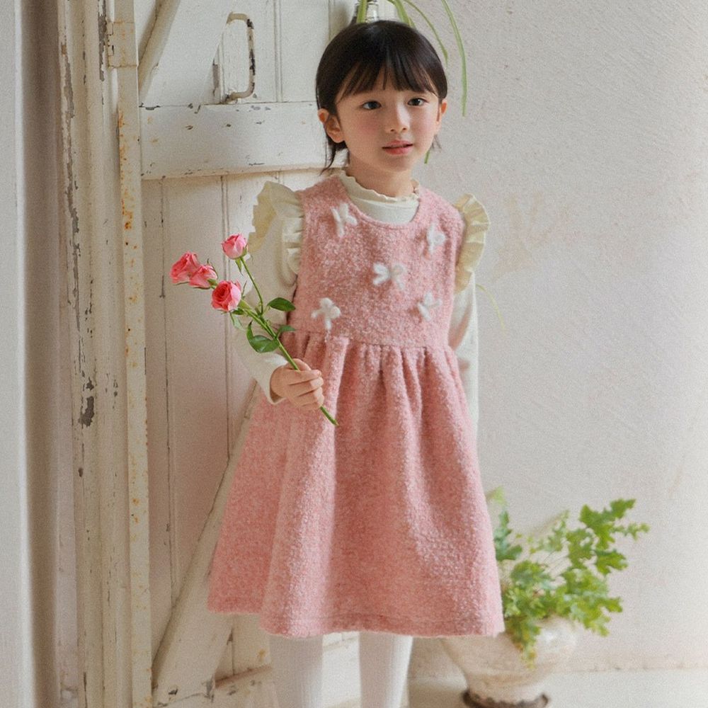 (兩件式)輕奢小香風蝴蝶結毛呢洋裝套裝-米白X粉