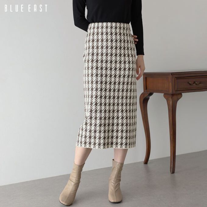 日本 BLUE EAST - 氣質千鳥格針織開叉合身長裙-黑灰