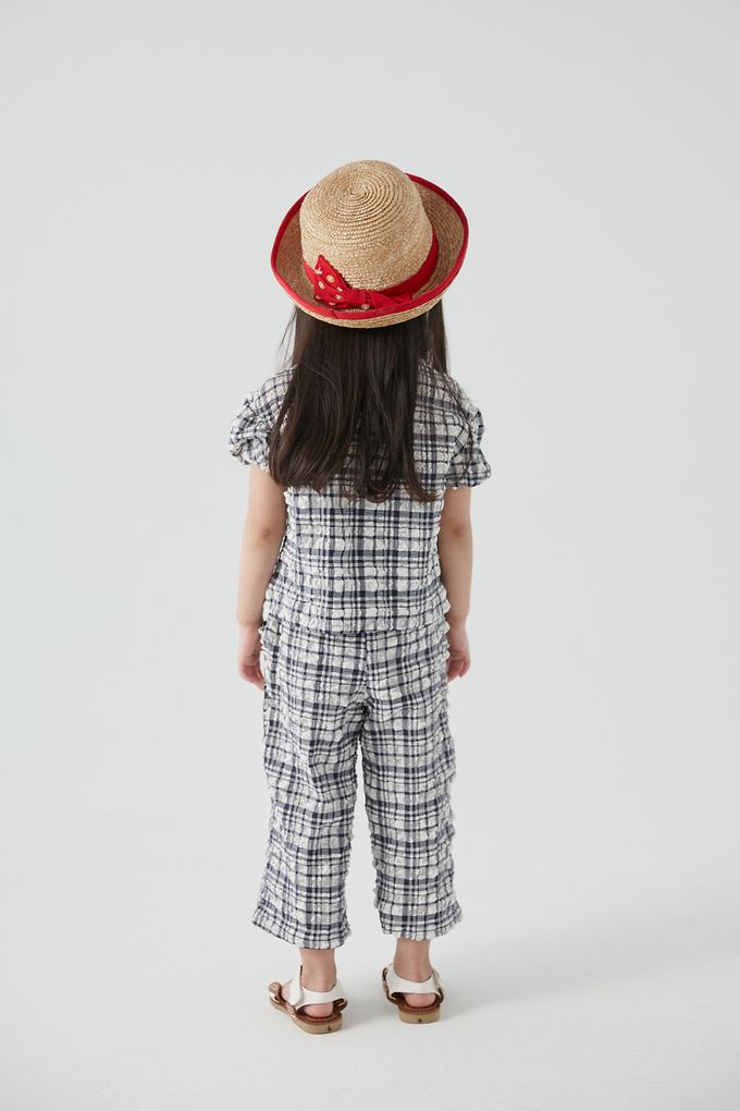 韓國 Coco Bang - 兩件式皺皺格子短袖長褲套裝-淺藍