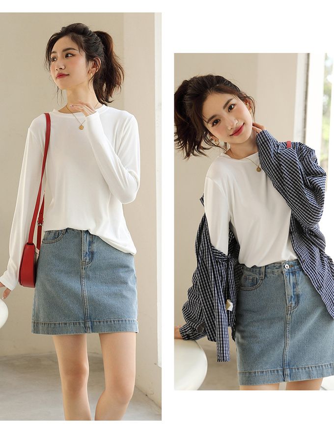 圓領寬鬆素色長袖上衣-紫色 (F)