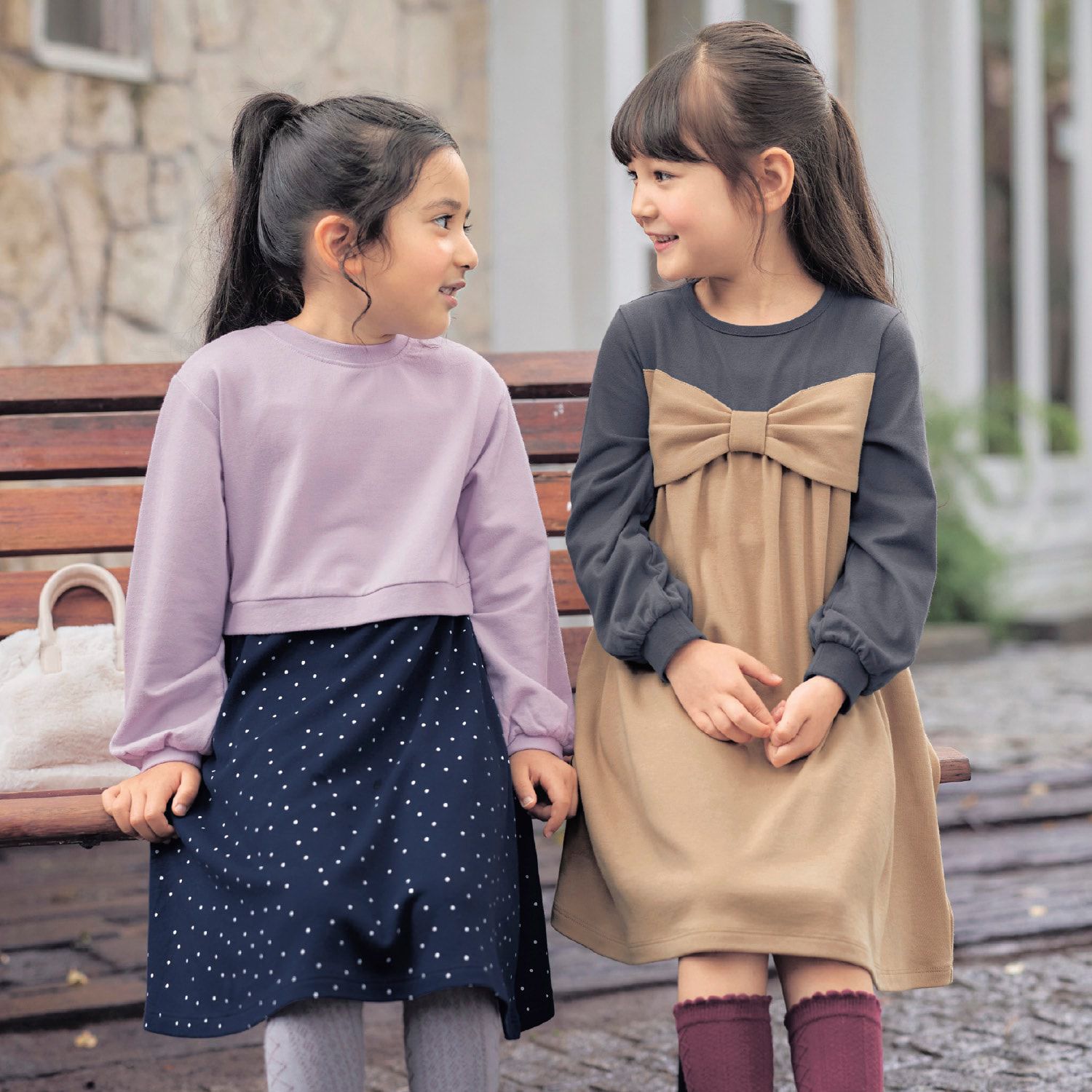 日本千趣會 - 背後蝴蝶結假二件拼接長袖洋裝-棕x灰格紋