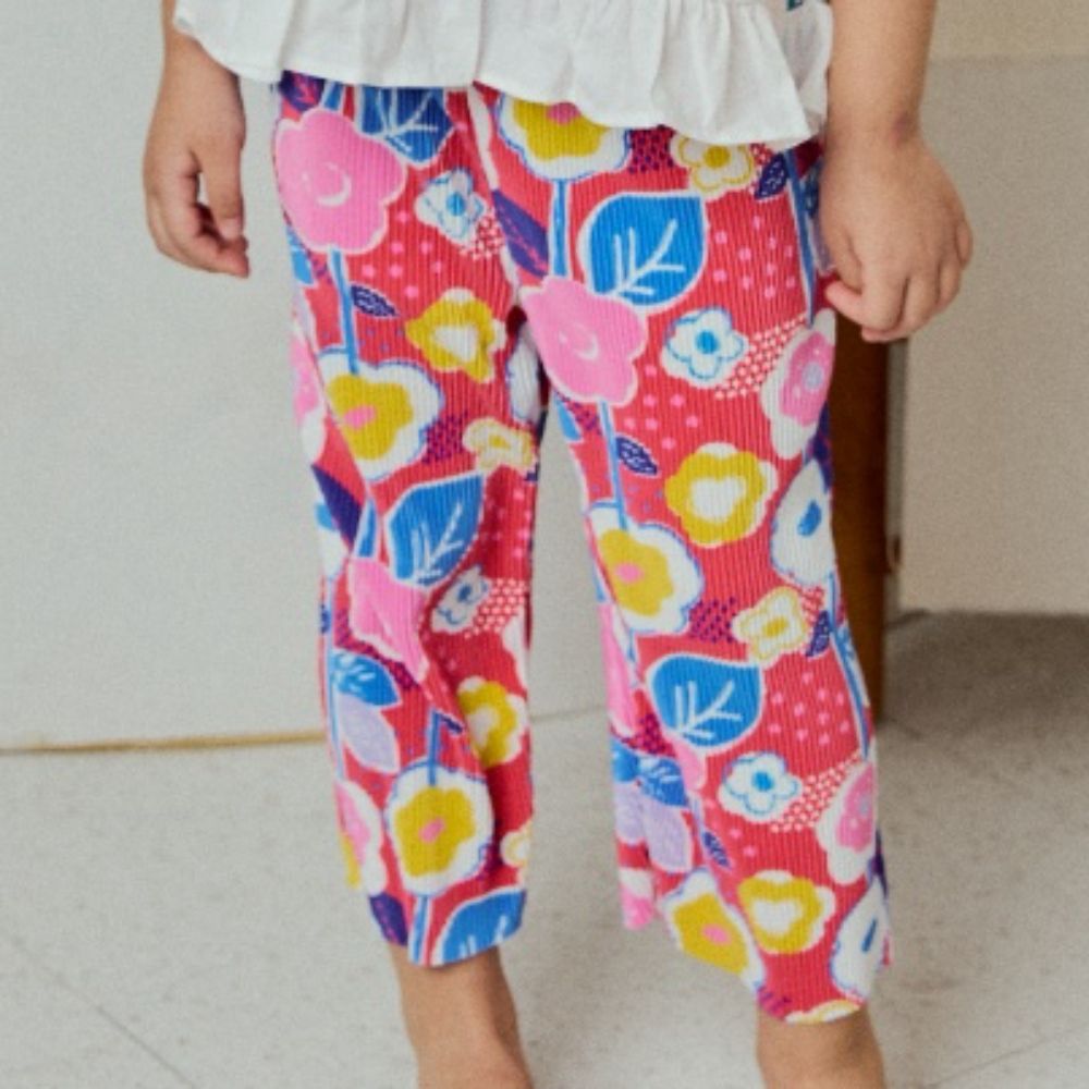 韓國 Mimico - 鬆緊腰細褶寬鬆長褲-抽象花朵-桃紅