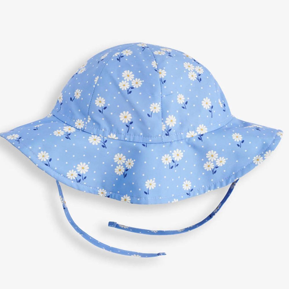 英國 JoJo Maman BeBe - 嬰幼兒/兒童泳裝戲水UPF50+綁帶遮陽帽-藍色雛菊
