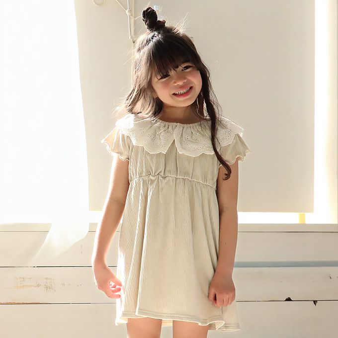 日本 ZOOLAND - 清爽楊柳 蕾絲領木耳短袖洋裝-米杏