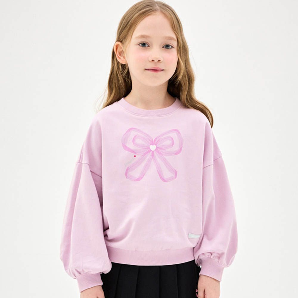 愛心蝴蝶結印長袖大學T-淡粉紫