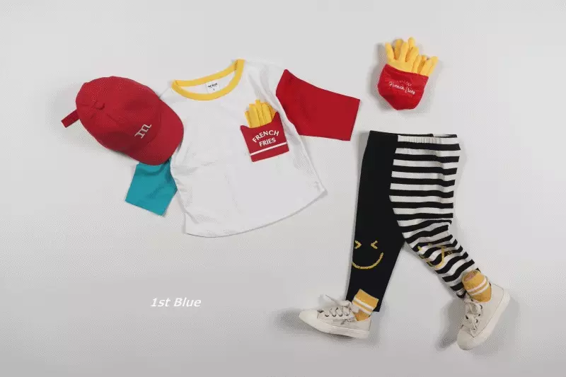 韓國 First Blue - 立體薯條拼接色T-綠X紅