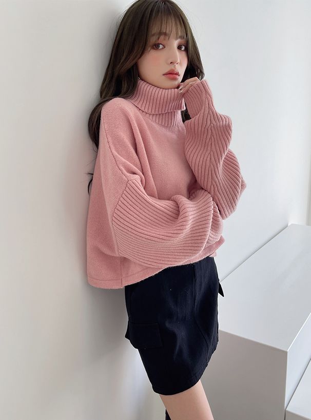 日本 GRL - 雜誌揭載 高領短版針織毛衣-奶油杏 (F)