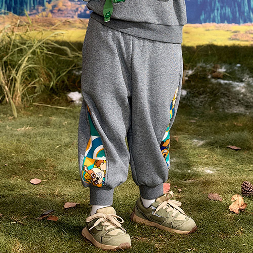 卡通汪汪隊加絨彈性運動束口長褲-卡通人物阿奇-拼色灰