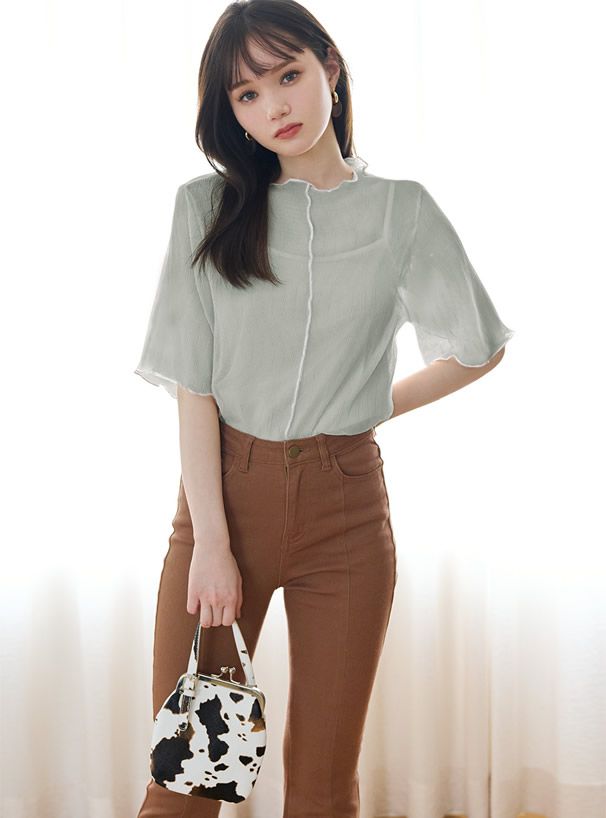 日本 GRL - 復古木耳滾邊透膚短袖上衣(附內裡)-奶油杏