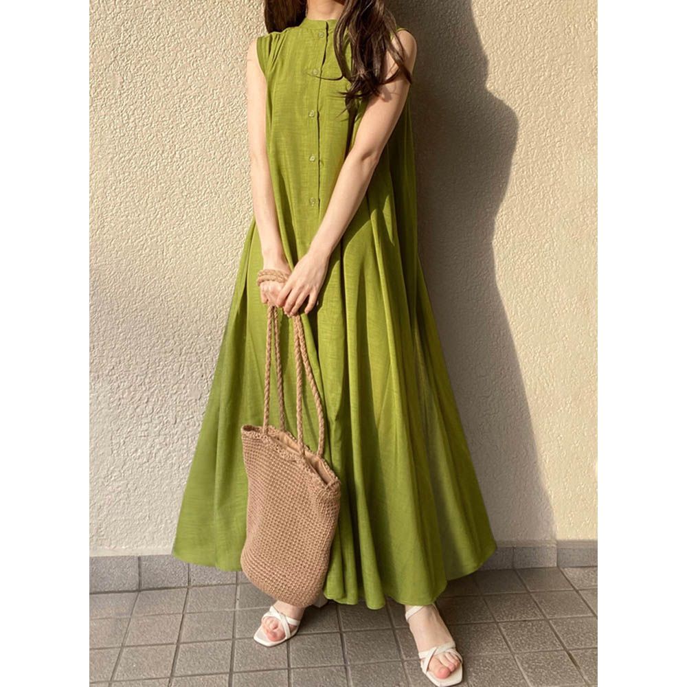 飄逸皺摺休閒襯衫式無袖洋裝-草綠 (M)