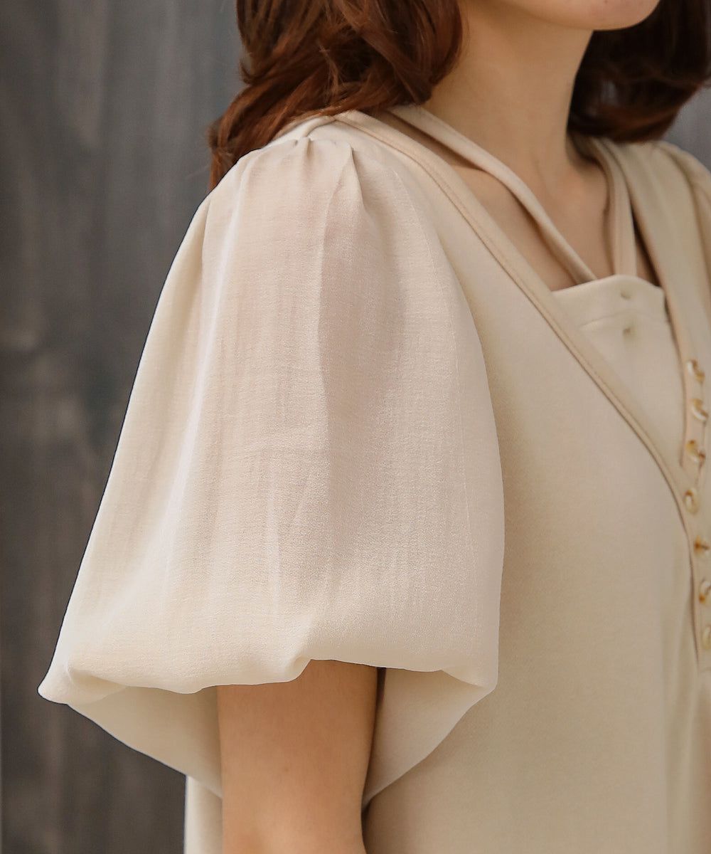 日本 Bab - 優雅綁帶V領泡泡袖洋裝-淺摩卡