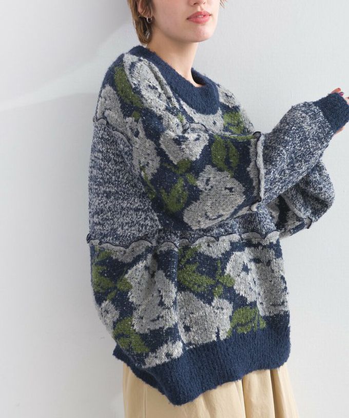 日本 Lupilien - 毛茸感華麗大花朵針織上衣-海軍藍