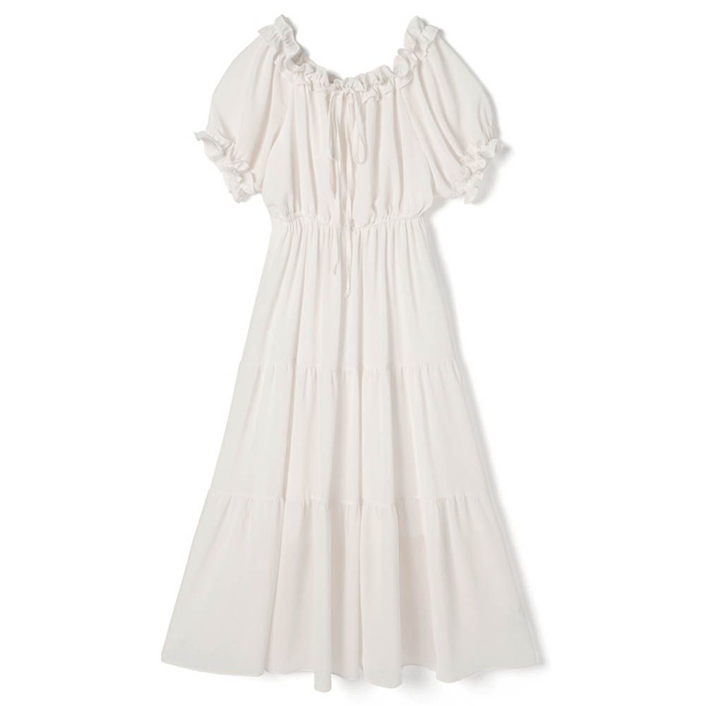 浪漫滾邊收腰分層飄逸短袖洋裝-象牙白 (F)