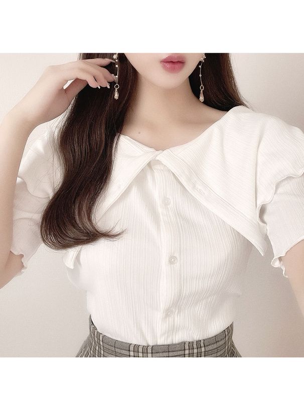 日本 GRL - 木耳捲邊翻領五分袖上衣-黑 (F)