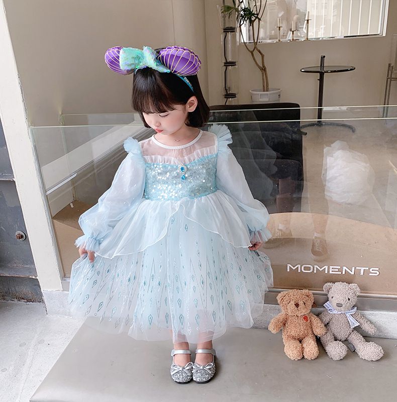 仙氣薄紗長袖洋裝-藍色