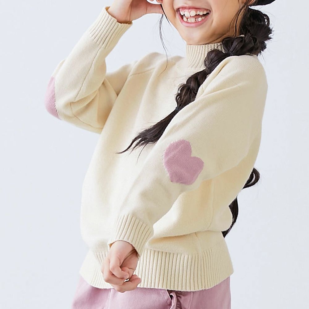 [可機洗]手肘愛心柔軟針織上衣-象牙白