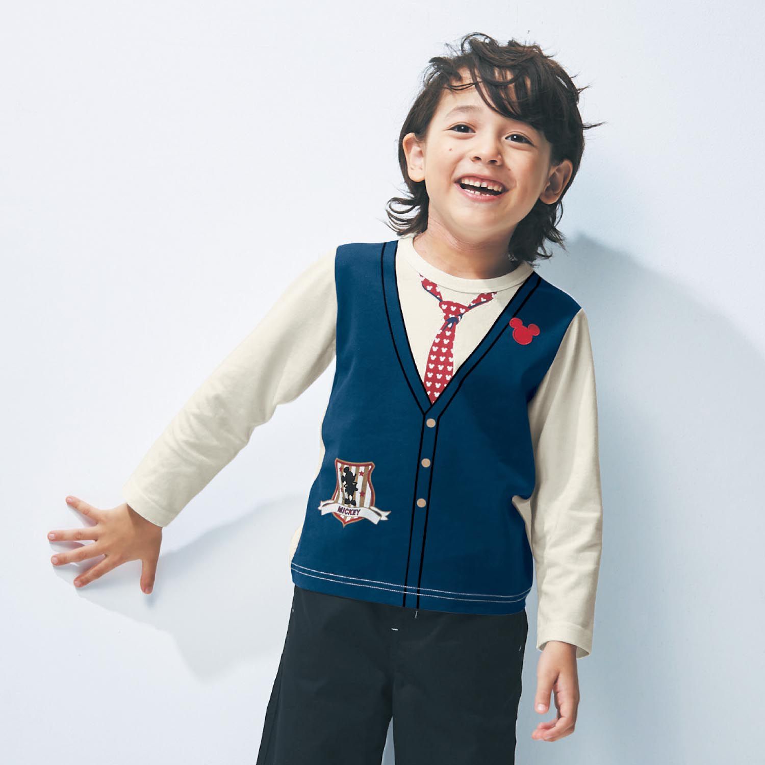 日本千趣會 - 迪士尼印花長T-米奇背心領帶-藍白