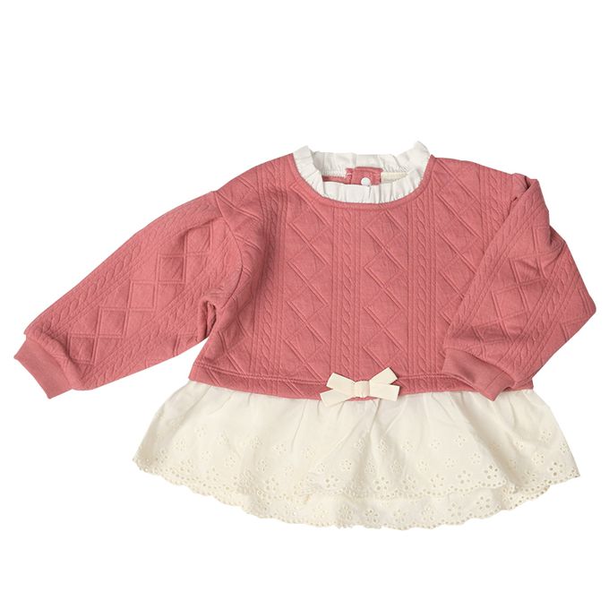 akachan honpo - 長袖鋪棉休閒上衣-下擺蕾絲-粉紅色