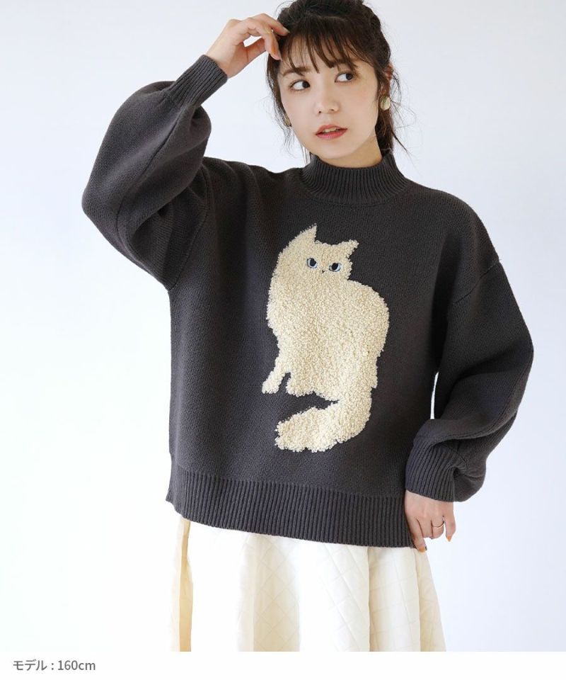 日本 zootie - 貓咪印花短絨拼接毛衣-深灰