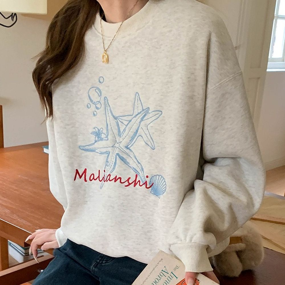 (加絨)長袖大學T-刺繡海星-麻白 (F)