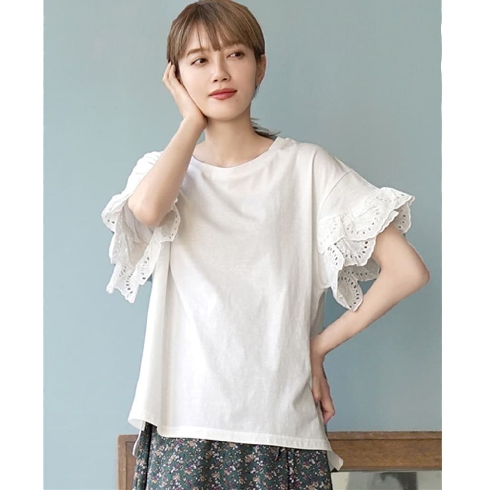 日本 zootie - 雙層鏤空蕾絲衣袖拼接五分袖上衣-白