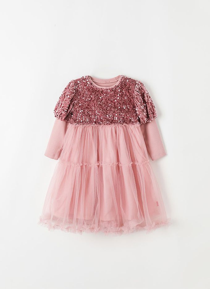 韓國 OZKIZ - 天鵝絨亮片點綴公主網紗洋裝-粉