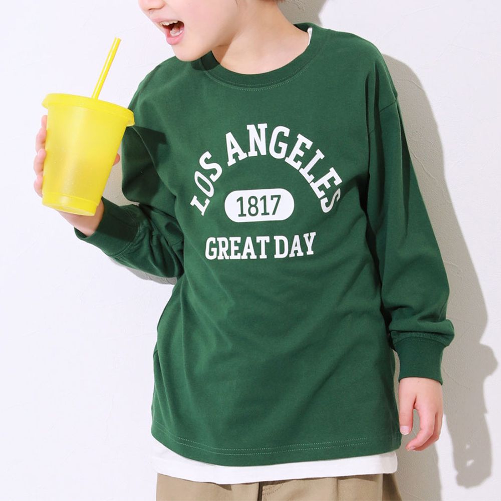100%棉 寬鬆版型縮口長袖上衣-LOS ANGELES-濃綠