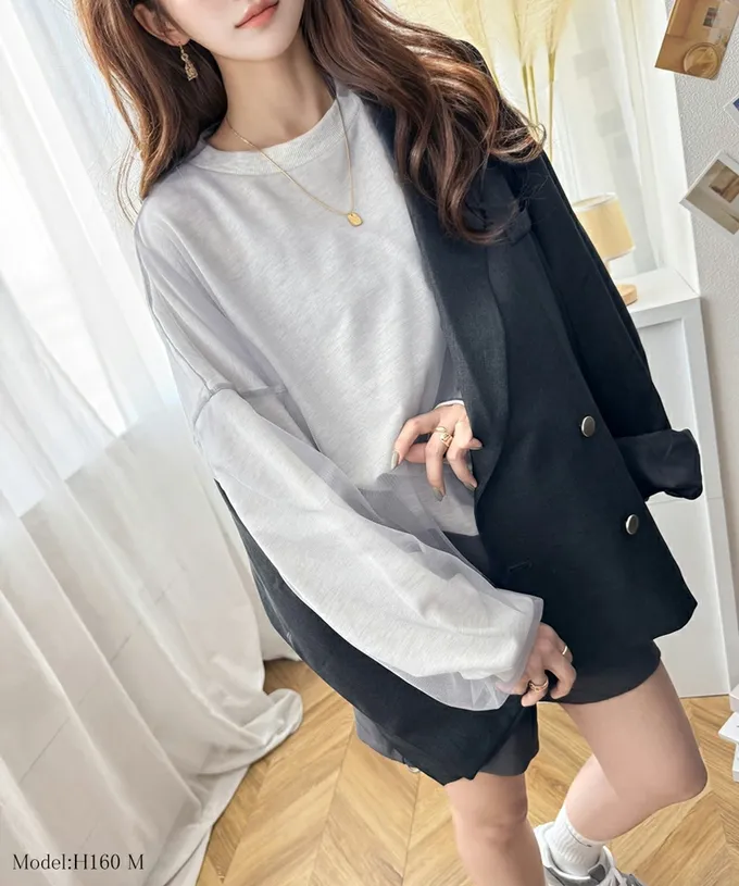 日本 Classical Elf - Java 透膚薄紗層次上衣-背後標籤印花-炭灰