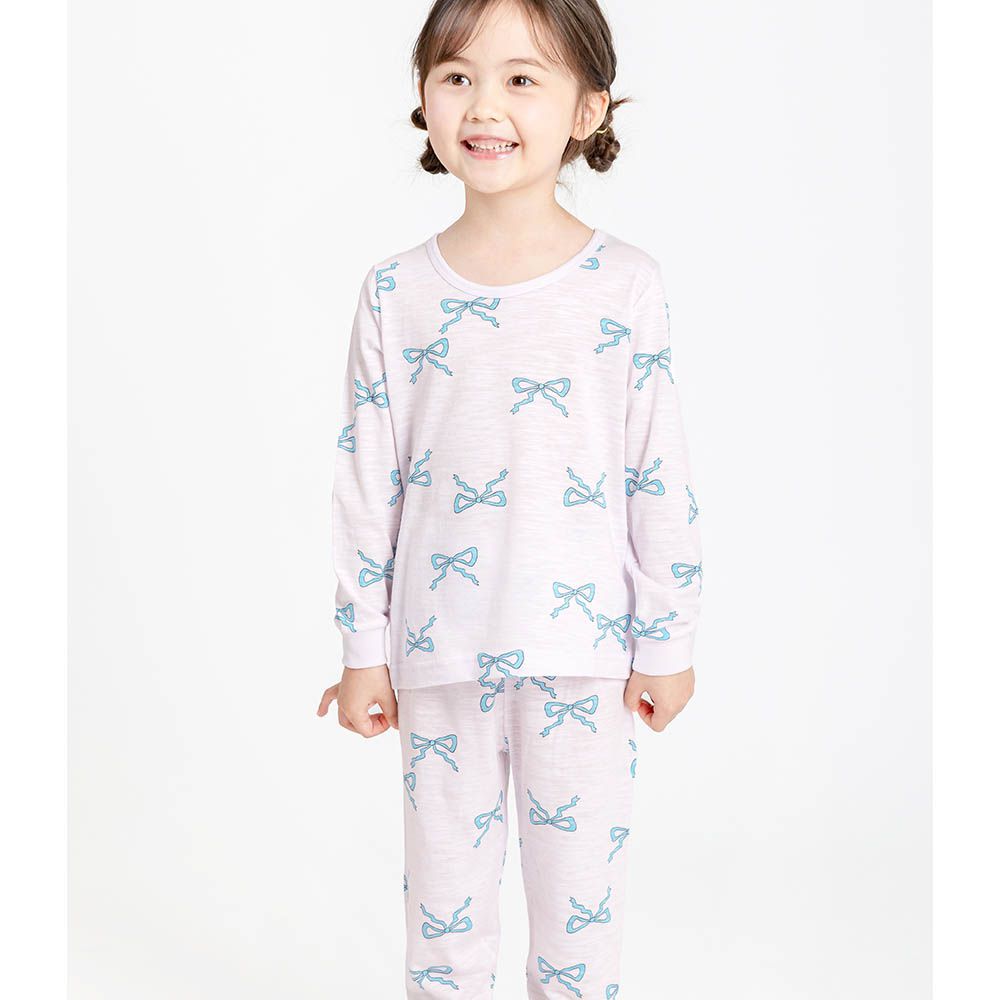 韓製輕柔莫代爾混棉薄長袖家居服-水藍蝴蝶結-淺灰