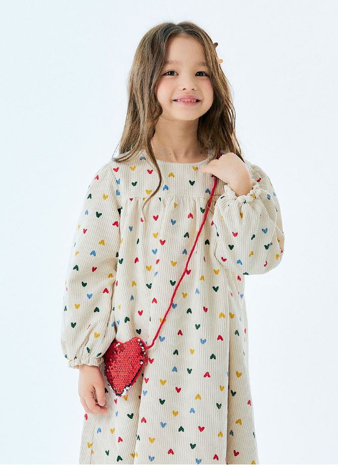 韓國 OZKIZ - (附包包)多彩愛心燈芯絨溫暖洋裝-米