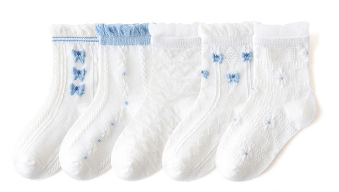 蔚藍蝴蝶結荷葉邊透氣短筒棉襪