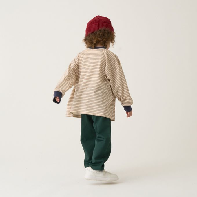 日本 b-ROOM - 不易變形定番條紋長袖上衣-水藍x灰