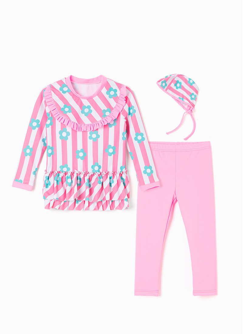 韓國 OZKIZ - 抗UV防曬兒童泳裝-三件組-條紋花