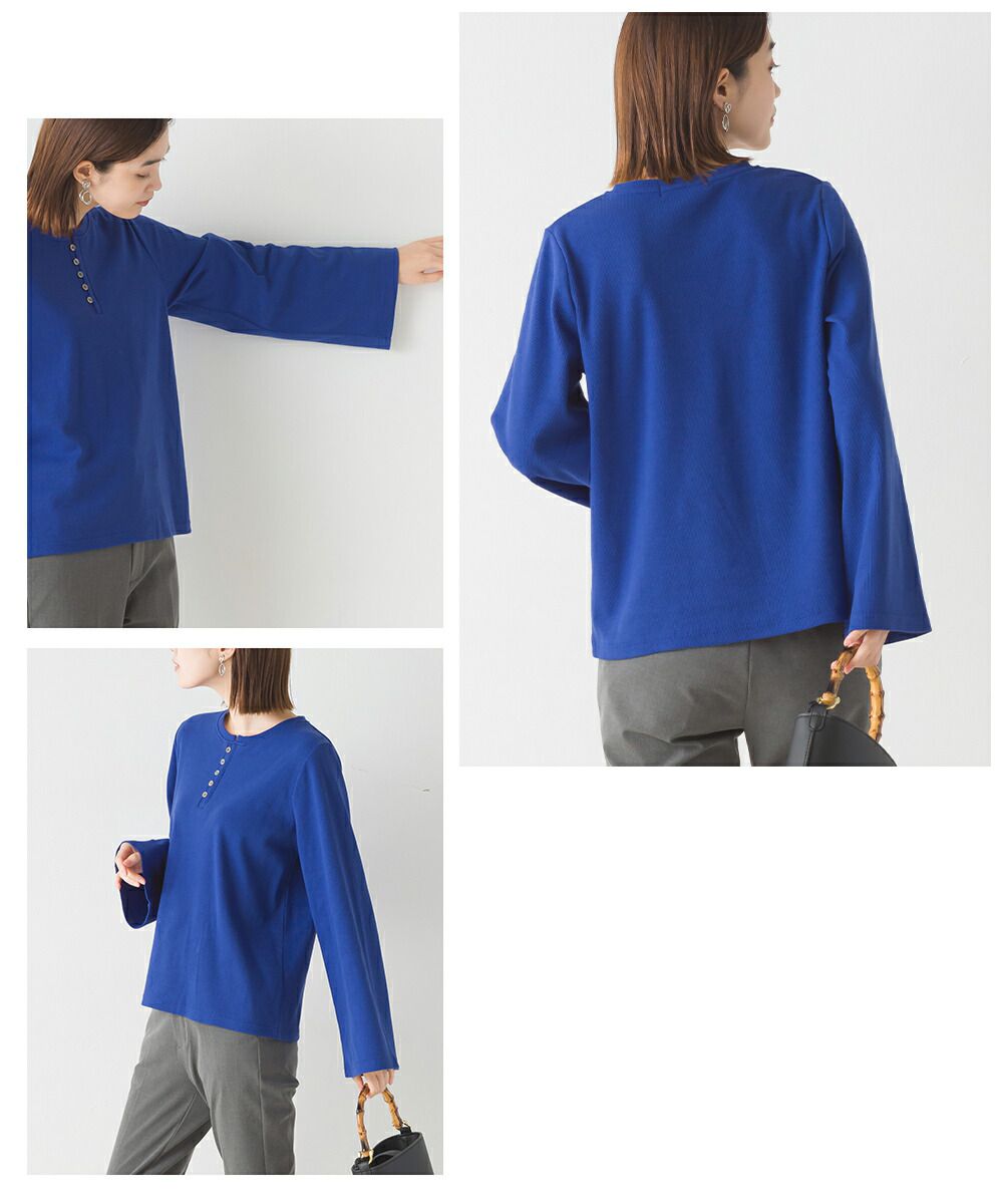 日本 OMNES - 寬袖設計簡約圓領上衣-橄欖綠