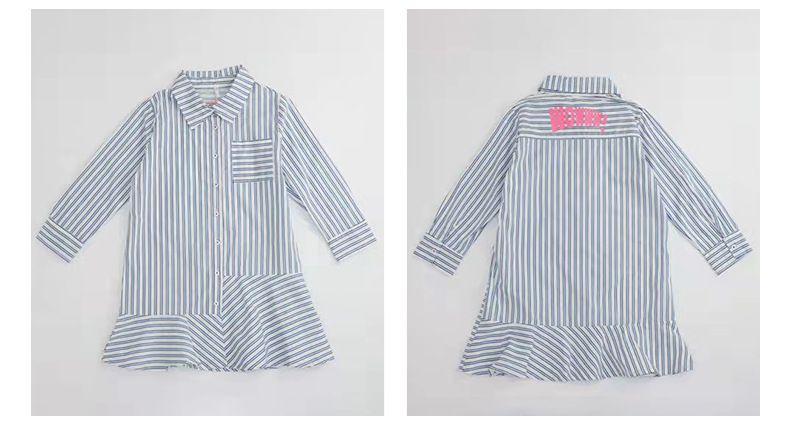 不對稱拼接直紋襯衫洋裝-藍直紋