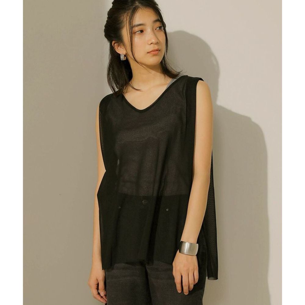 日本 Bou Jeloud - 多層次薄紗設計撞色綁帶短袖上衣-黑