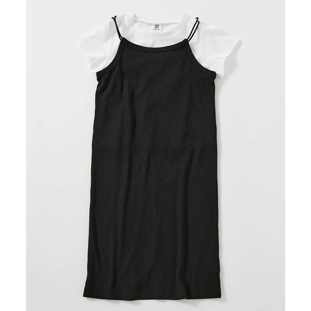 兩件式吊帶羅紋短袖洋裝-黑