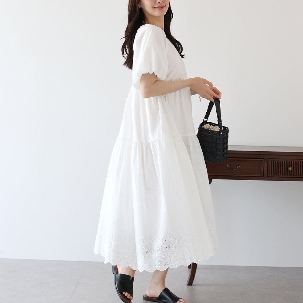 100%棉 下擺精緻蕾絲泡泡短袖洋裝-白