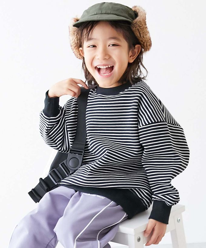 日本 devirock - 裏起毛 百搭條紋大學長袖上衣-粉紅