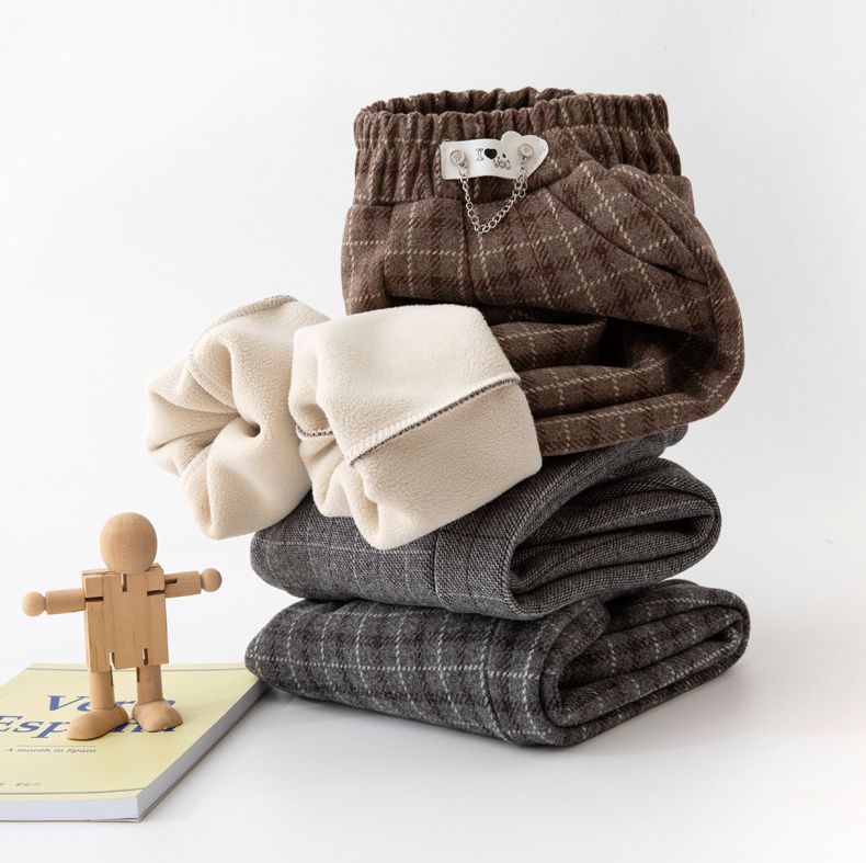 FANMOU - 英倫風加絨腰鬆緊格紋長褲-咖啡色