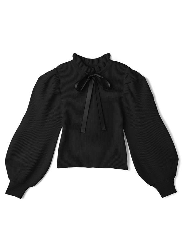 日本 GRL - 復古花邊領綁帶澎袖針織長袖上衣-丁香紫