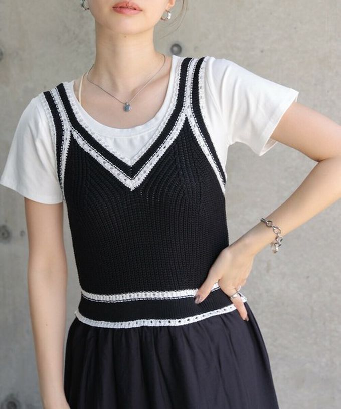 日本 Bab - 純棉針織拼接渡假風無袖洋裝-經典黑