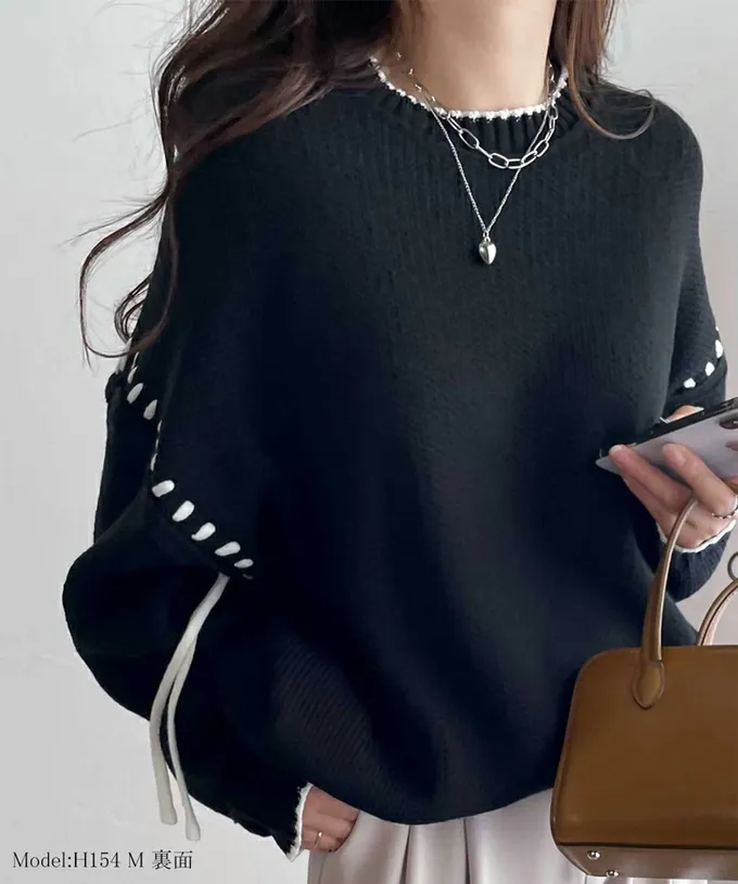 日本 Classical Elf - Java 落肩滾邊縫線粗針織長版上衣-白x灰