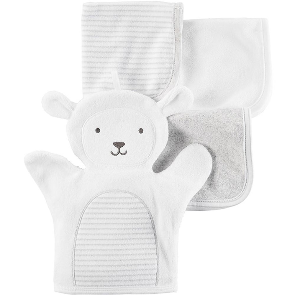 美國 Carter's - 嬰幼兒動物款式洗澡巾+洗澡手套四入組-白羊