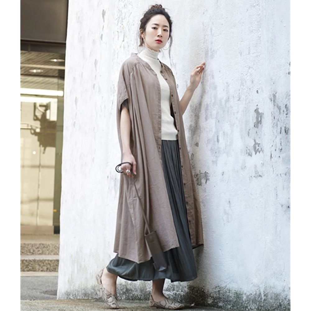 日本 zootie - 純棉顯瘦剪裁輕薄傘狀短袖洋裝/外套-摩卡灰 (F)