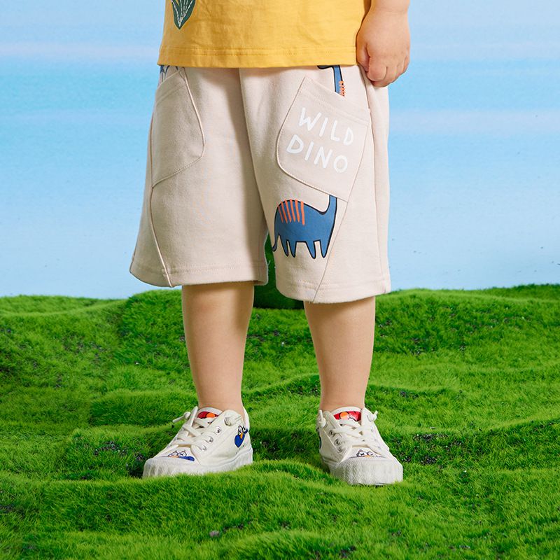 純棉休閒運動五分褲-長脖子恐龍-杏色